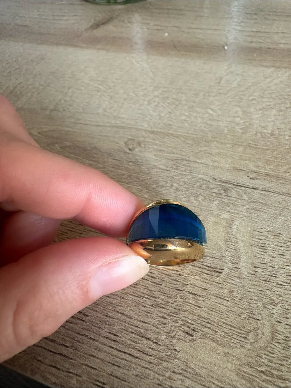 Gold-Tone Ring with Deep Blue Faceted Stone - Women Jewelry